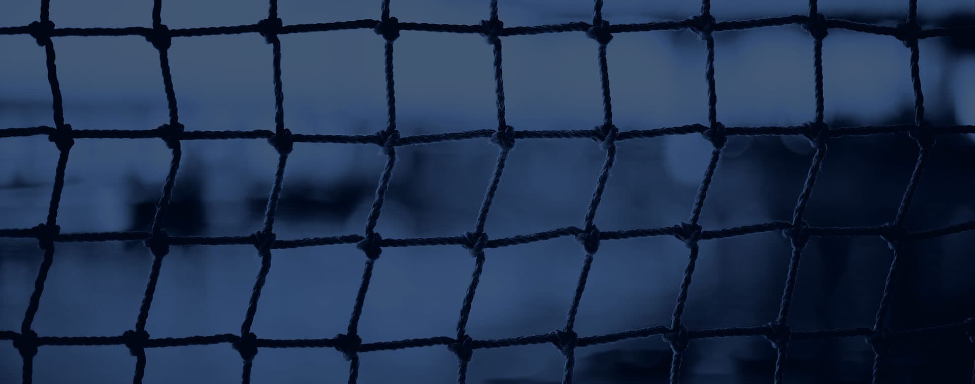 A close-up of a net made of rope or cord, with a blurred background in shades of blue and dark tones. The net’s grid pattern is clearly visible in the foreground.